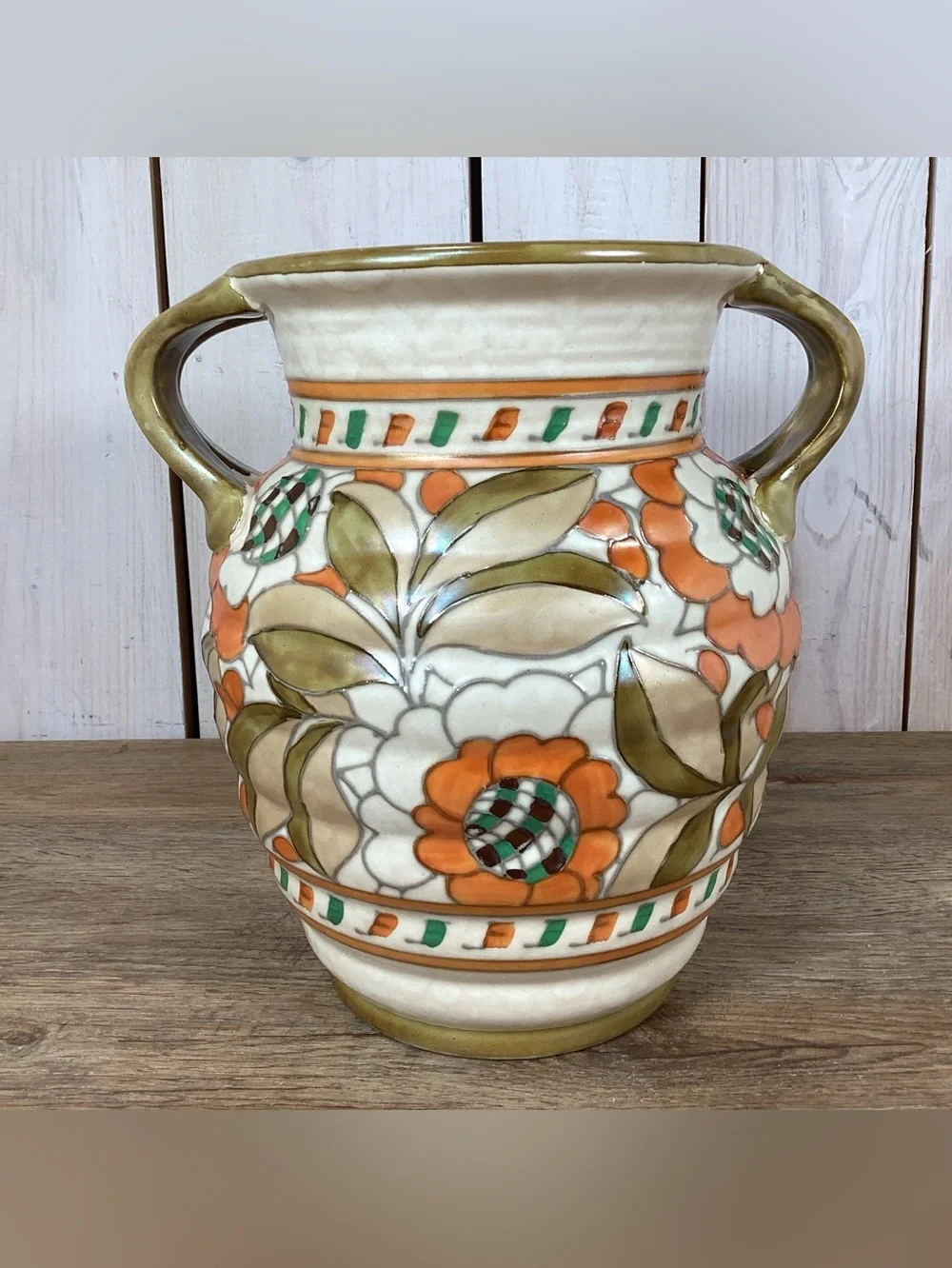 Charlotte Rhead Crown Ducal Pottery Twin Handled Vase Persian Rose Patte…